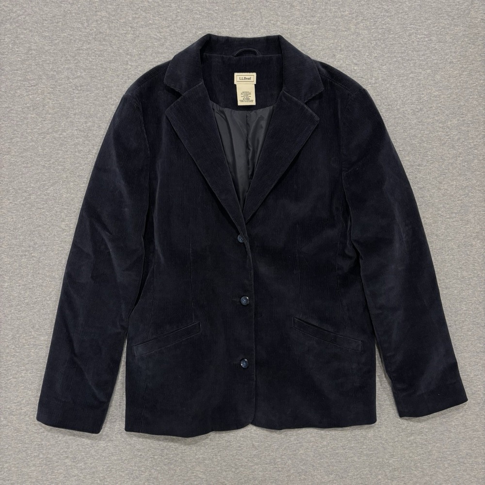 L.L Bean Corduroy Blazer Womens 14R Navy Blue 3-Button Jacket Business Casual